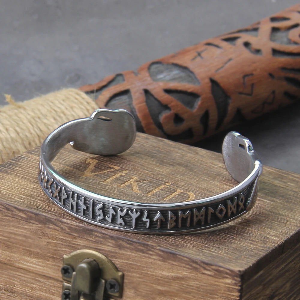 Handmade Nordic Rune Bangle Bracelet (with wooden gift box)