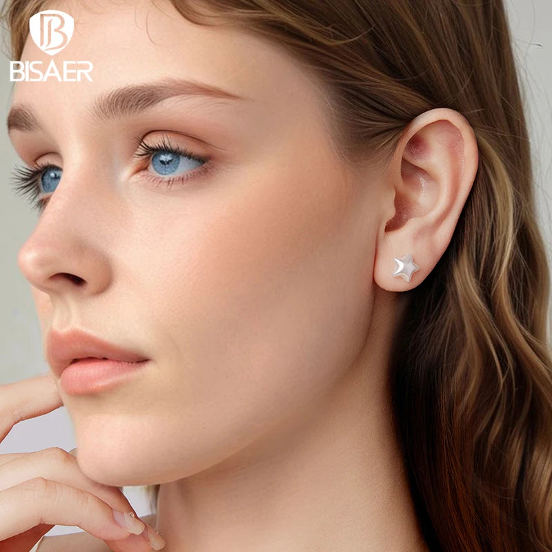 BISAER Real 925 Sterling Silver Starlight Stud Earrings Resin Star Stud Ear for Women & Girl Party Fine Jewelry ECE1943