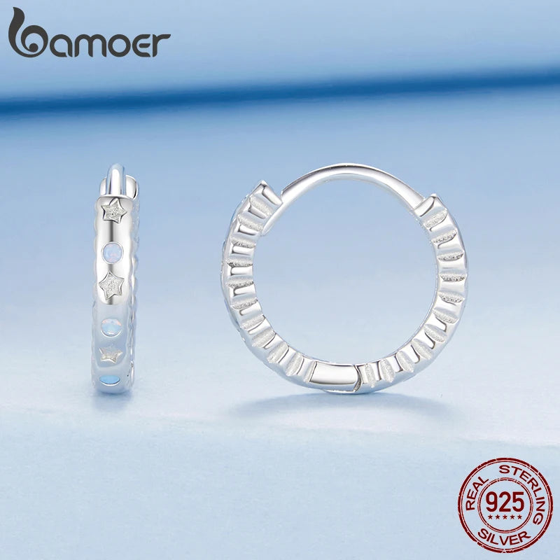 BAMOER Solid 925 Sterling Silver Star Huggie Earrings, Small Geometric Hoop Earrings for Women BSE1110