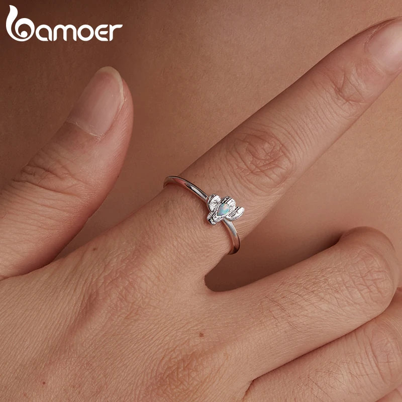 BAMOER 2025 Solid 925 Sterling Silver Cute Cactus Adjustable Rings Lovely Plant Open Ring Jewelry for Women Girls SCR1120-E
