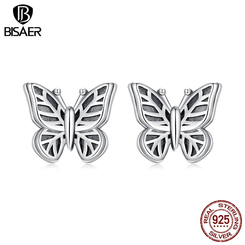 BISAER 925 Sterling Silver Hollow Butterfly Stud Earrings Retro Butterfly Hypoallergenic Stud Ear for Women Party Fine Jewelry