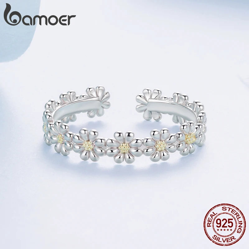 Bamoer 925 Sterling Silver Daisy Jewelry Set Yellow Flower Open Ring Plant Hoop Huggies Earrings for Women Teen Young Party Gift