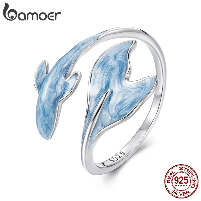 BAMOER 925 Sterling Silver Cute Guppy Ring Stacking Finger Ring, Animals Adjustable Open Rings Birthday Gift BSR674-E