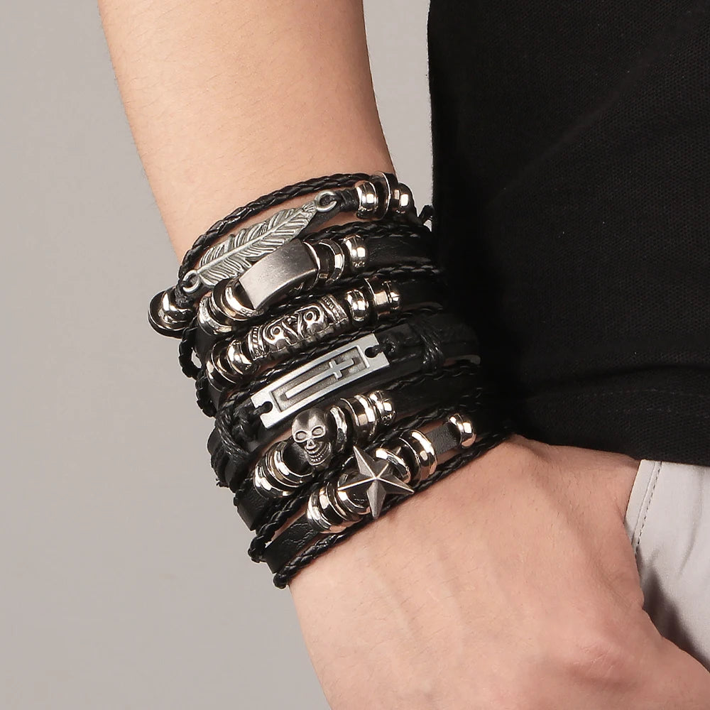 6-piece set Fashion Leather Bracelet Personalized DIY Knitted Leather Bracelet Simple Multi layered Adjustable Cowhide Bracelets