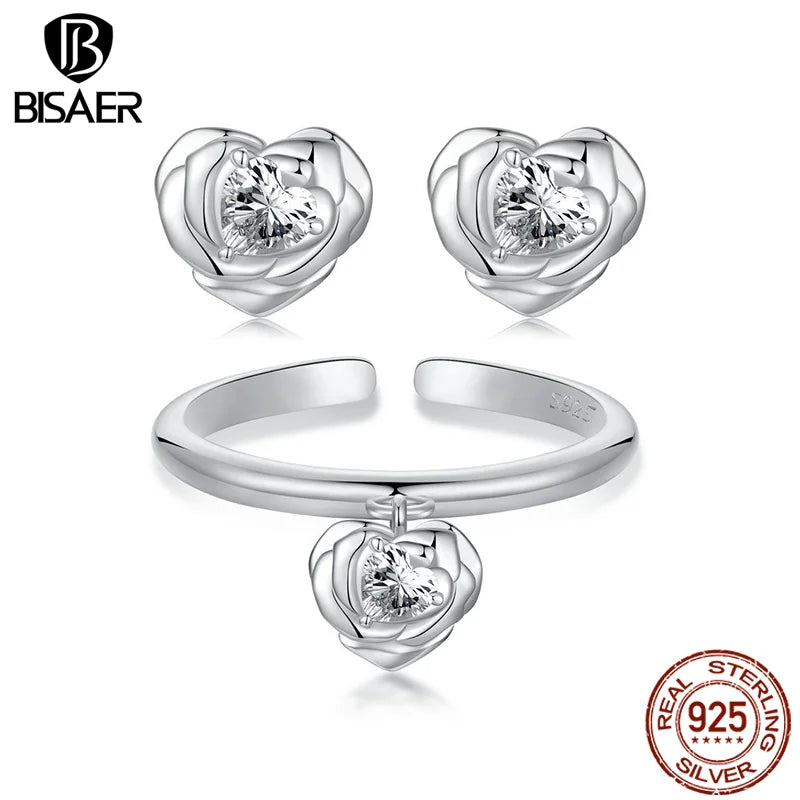 BISAER 925 Sterling Silber Herz Rose Offener Ring Blume Verstellbar Verlobungsringe Vergoldet Weißgold für Frauen Hochzeit Edler Schmuck