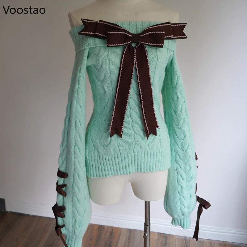 Autumn Winter Sweet Lolita Style Knitted Pullover Women Harajuku Cute Slash Neck Bow Spice Girl Sweaters Femme Y2k Knitwear Tops