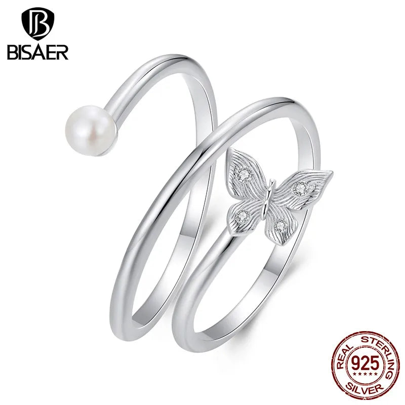 BISAER 925 Sterling Silber Schmetterling Dreilagiger offener Ring Perlenband Verstellbar Vergoldet Weißgold für Damen Party Edler Schmuck