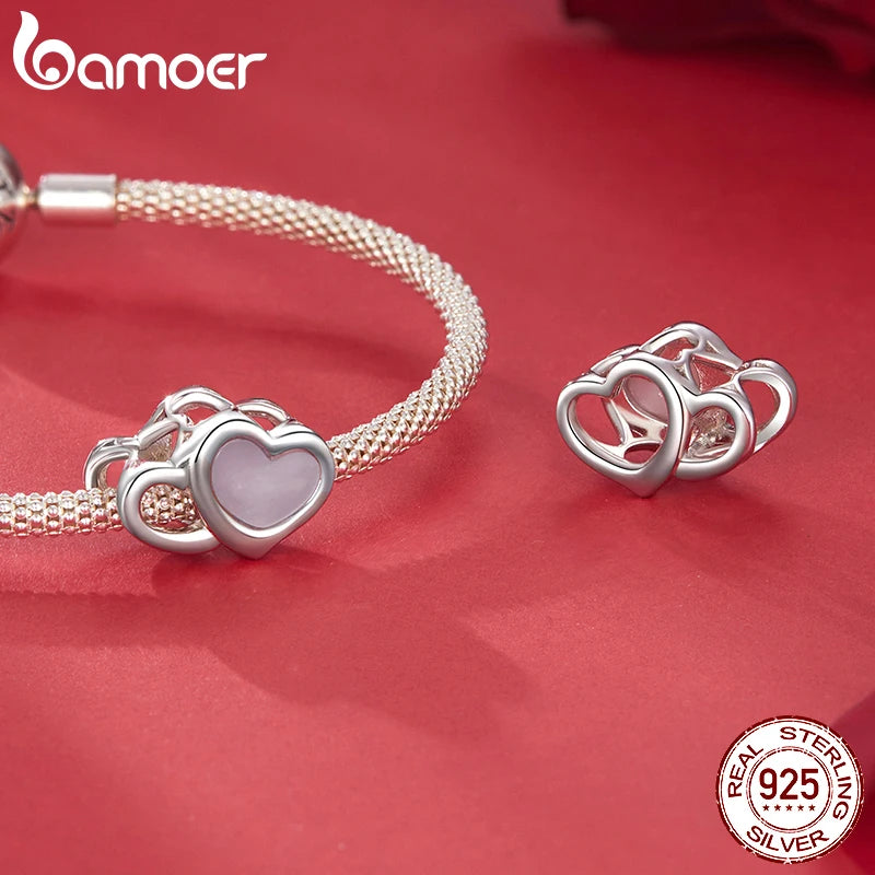BAMOER Solid 925 Sterling Silver Pink Heart Charm Bead fit Original Bracelet & Necklaces Jewelry bamoer Infinity Love Charm