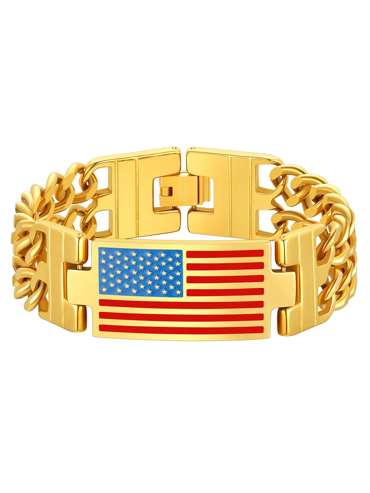 ChainsPro Stainless Steel 17.5mm Wide USA Flag Bracelet Bangle for Man Double Curb Chain 4th of July Independence Day 19 21 23cm