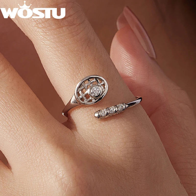 WOSTU 925 Sterling Silver Tennis Racket Open Ring, Shiny CZ Tennis Ball Ring Unique Sporty Jewelry Gift for Women Tennis Players