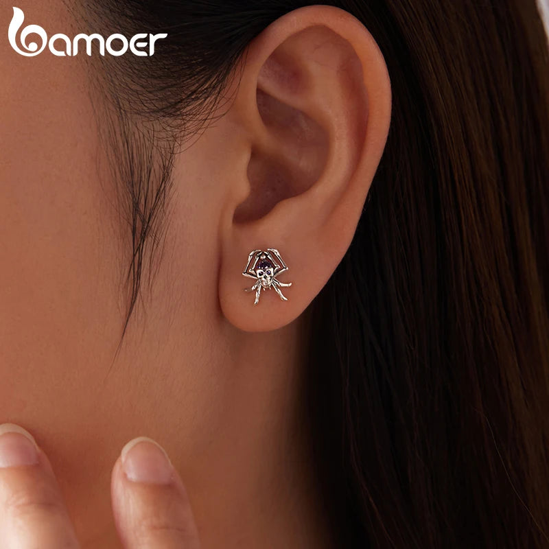 BAMOER 925 Sterling Silber Totenkopf- und Spinnenohrstecker für Damen, oxidierte Halloween-Ohrringe im Vintage-Stil mit Zirkonia