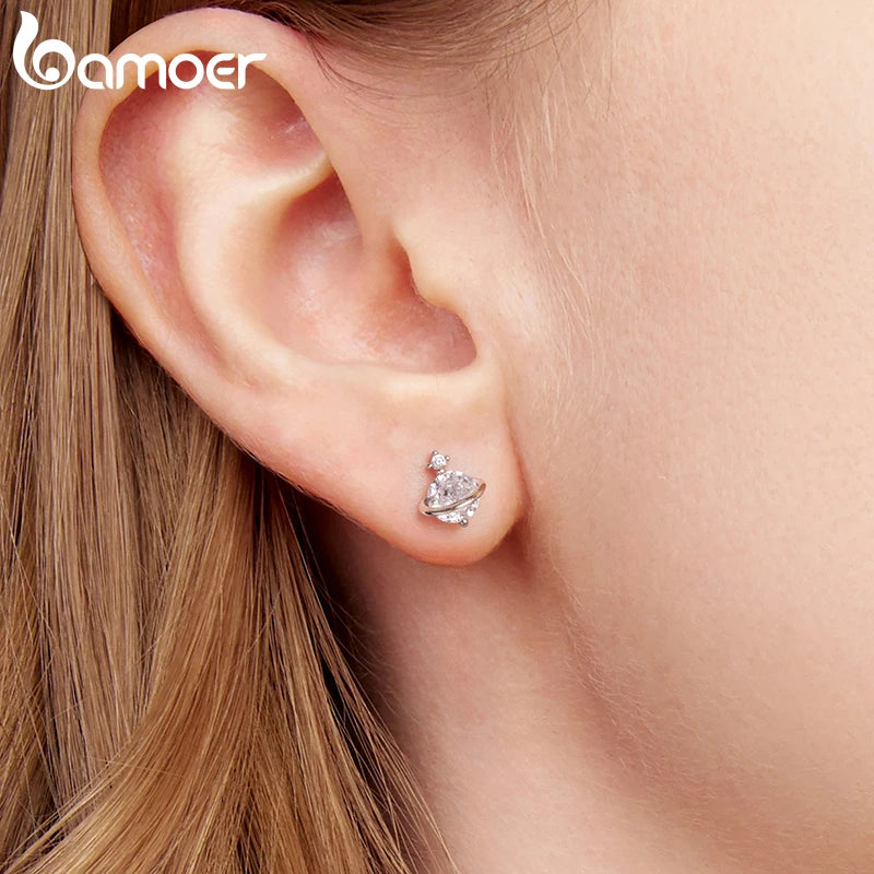 BAMOER 925 Sterling Silver Aesthetic Saturn Planet Earring, White Gold Plated Hypoallergenic Earrings Y2K Jewelry Gift SCE1880