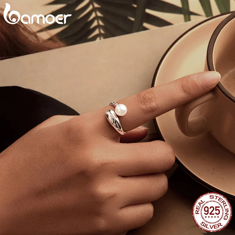 BAMOER Solid 925 Sterling Silver Chunky Open Twist Stackable Rings for Women, White Gold Plated Pearl Statement Ring Band BSR662