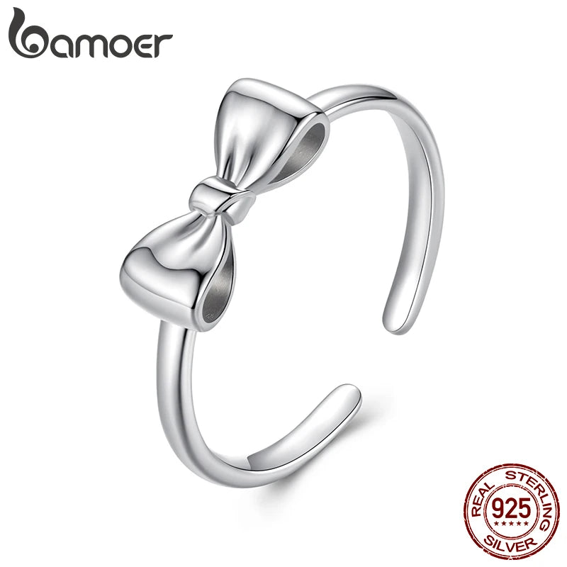 BAMOER Damenring aus massivem 925er Sterlingsilber mit Schleife, eleganter, verstellbarer Schleifenring, romantisches Schmuckgeschenk für Sie