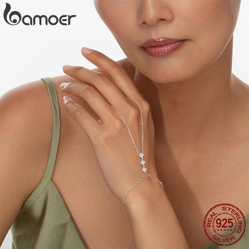 BAMOER 925 Sterling Silver Adjustable Hand Chain Bracelet Four-leaf Clover CZ Finger Ring Link Chain Women Summer Body Jewelry