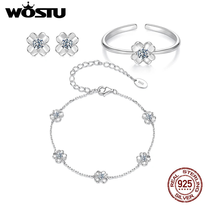WOSTU Four-leaf Clover Moissanite Opening Ring Stud Earrings Chain Bracelet For Women 925 Silver Diamond Cut Wedding Jewelry Set