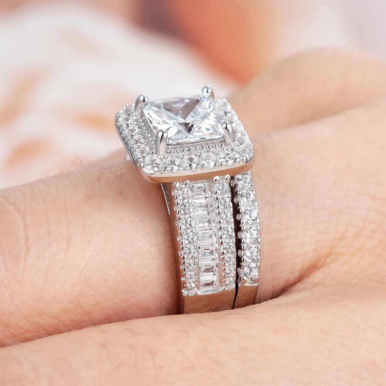 925 Sterling Silver Wedding Jewelry Bridal Ring for Women with Cubic Zircon Set of 2 Pcs - Madeinsea©