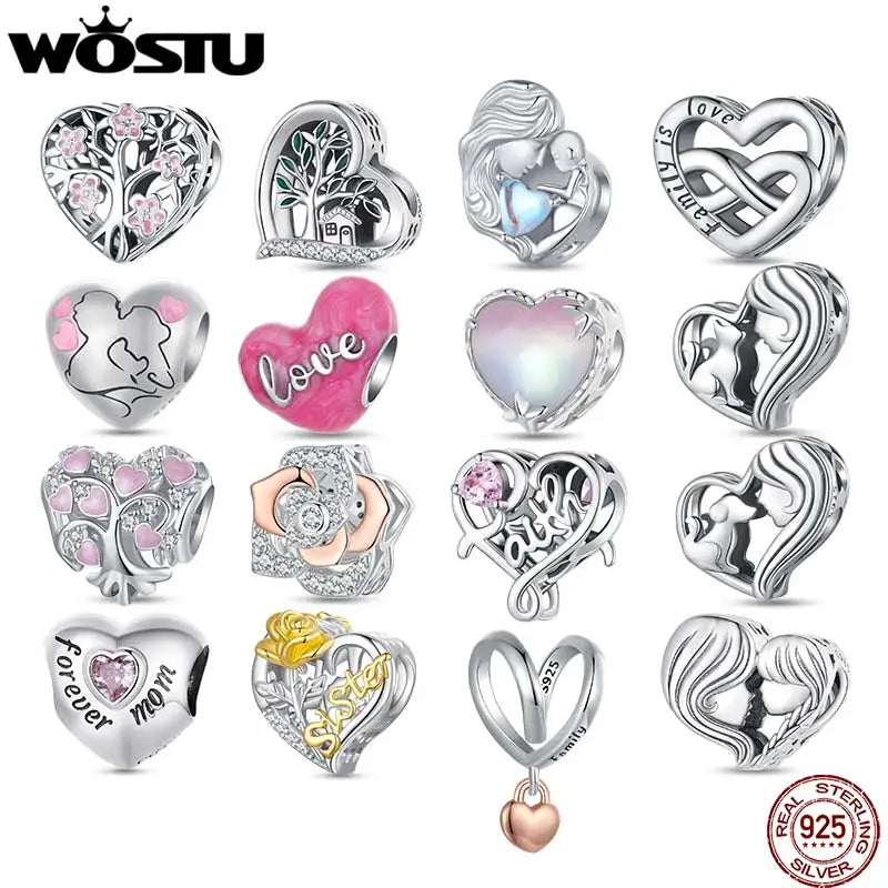 WOSTU 925 Sterling Silver Pink Love Heart Charms Bead Infinite Love Pendant Fit Bracelet Valentine Jewelry Mother's Day Gift