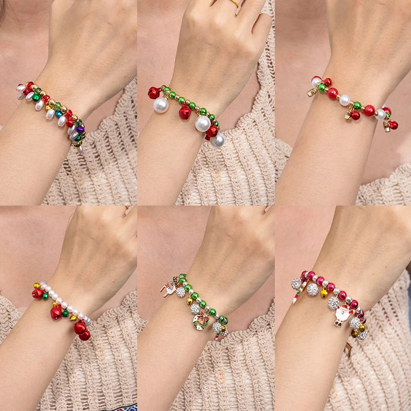Christmas Multicolor Beads Beaded Bracelet For Women Shiny Crystal Zircon Elk Bell Star Imitation Pearl Bangle New Year Jewelry