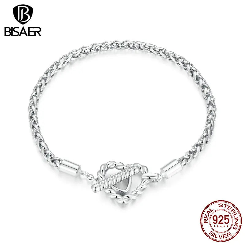 Bracelet de base en forme de cœur en argent sterling 925 BISAER chaîne serpent plaqué platine pour amoureux perle et breloque bricolage bijoux fins cadeau