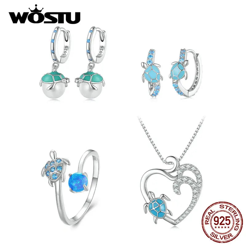WOSTU 925 Sterling Silver 3D Tulip Open Ring Light Blue Sea Turtle Finger Ring Ocean Opal for Women Dreamy Party Jewelry Gift
