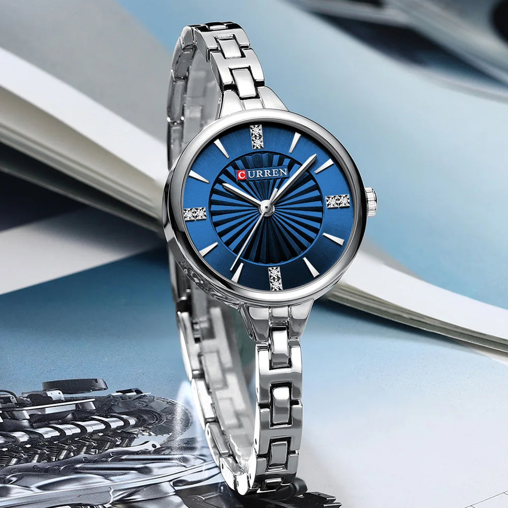 CURREN Simple Romantic Rhinestone Dial with Stainless Steel Bracelet Luxury Design Quartz Wristwatches