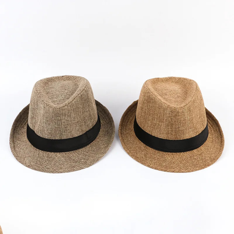 Chapeau Fedora Jazz en coton et lin pour homme, couleur unie, chapeau melon rétro d'été, unisexe, pour l'extérieur, pour la plage, les voyages