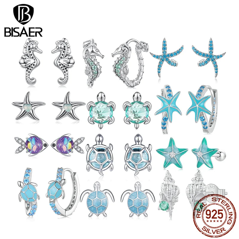 BISAER 925 Sterling Silver Seahorse Stud Earrings Starfish Turtle Fish Hoop Earrings for Party Unisex Fine Jewelry Holiday Gift