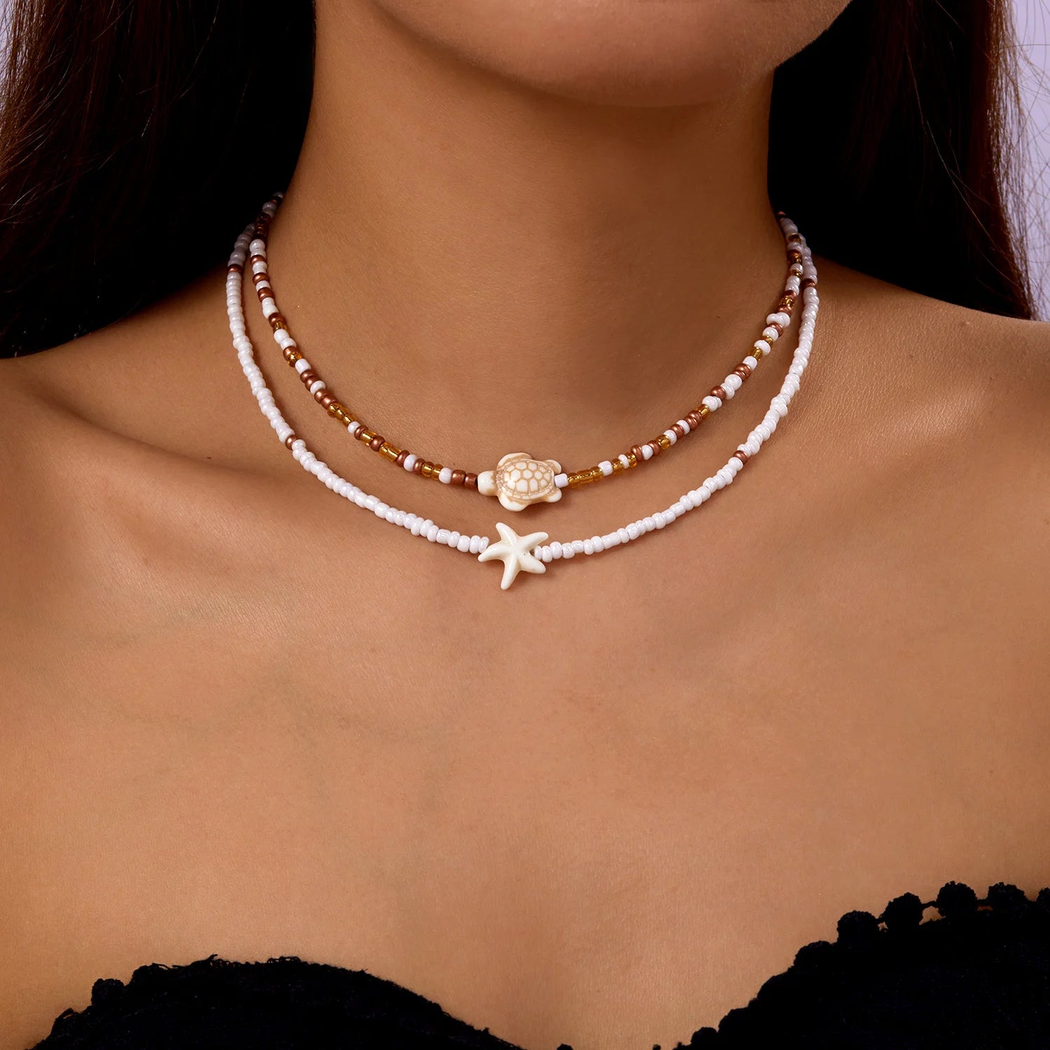 Boho Bohemian Sea Shell Starfish Pendant Necklaces For Women Double Layered Tortoise Imitation Pearl Bead Chain Beach Jewelry