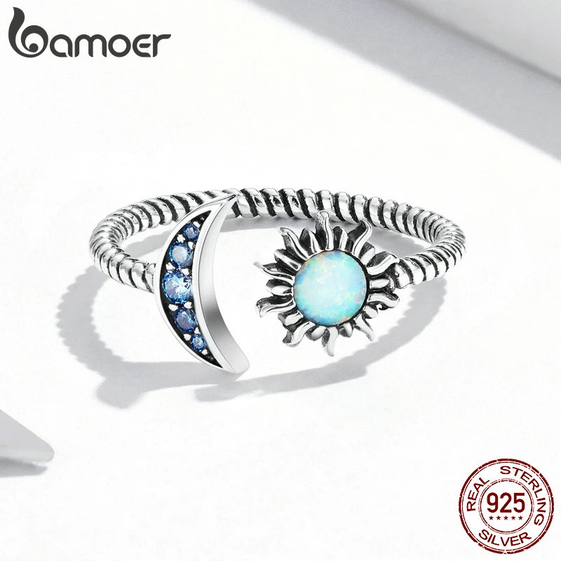 BAMOER Authentischer 925 Sterling Silber Glänzender Sonne & Mond Ring offene Größe für Frauen Vintage Opal Ring Edler Schmuck Party Geschenk