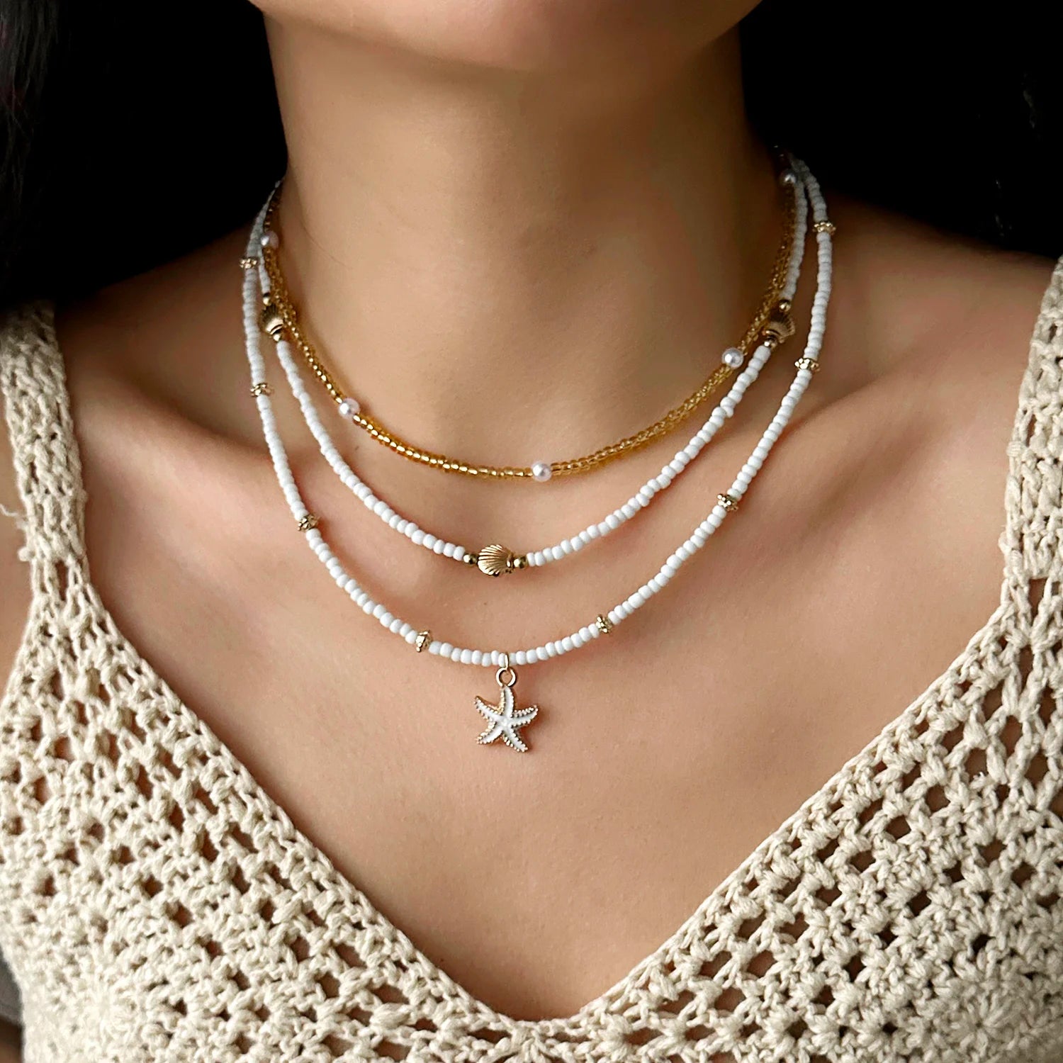 Bohemian Multilayer Starfish Sea Shell Rice Beads Necklace For Women Vintage Fishtail Pearl Conch Clavicle Choker Beach Jewelry