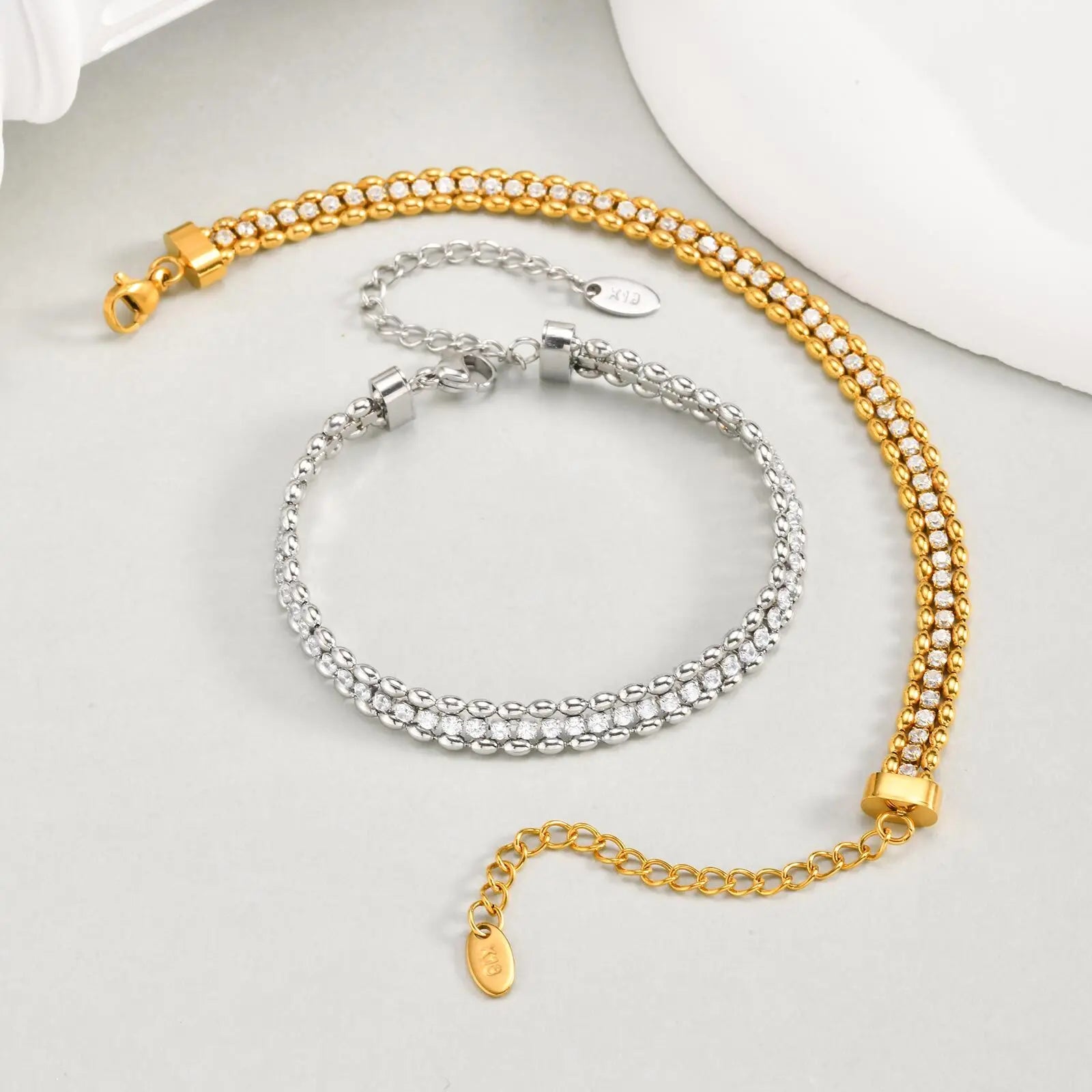 Vnox Women Gold Silver Color Woven Cubic Zirconia Bracelet,Stainless Steel Double Beads Chain Jewelry Accessories Charm Bracelet