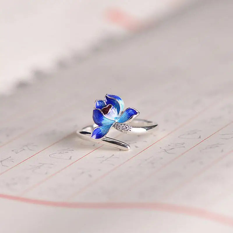 Retro Chinese Cloisonne Lotus Flower Ring For Women Punk Gothic Vintage Open Ring Handmade Designer Jewelry Unisex Accessories