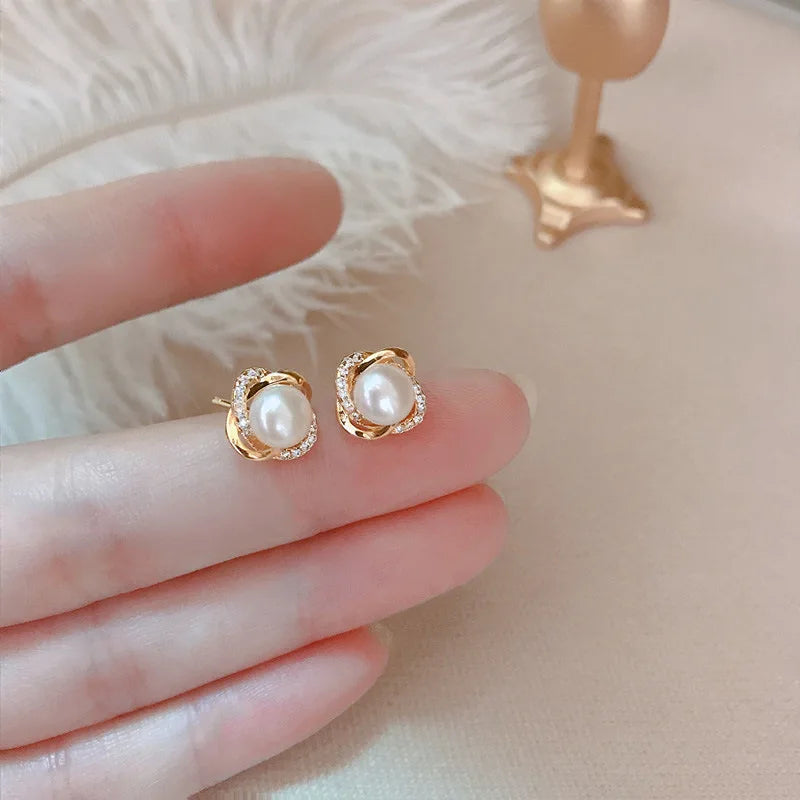 Upscale 14k gold jewelry real gold Earrings Zircon Pearl Twist Luxury Stud Earrings For Women brincos pendientes bijoux - Madeinsea©