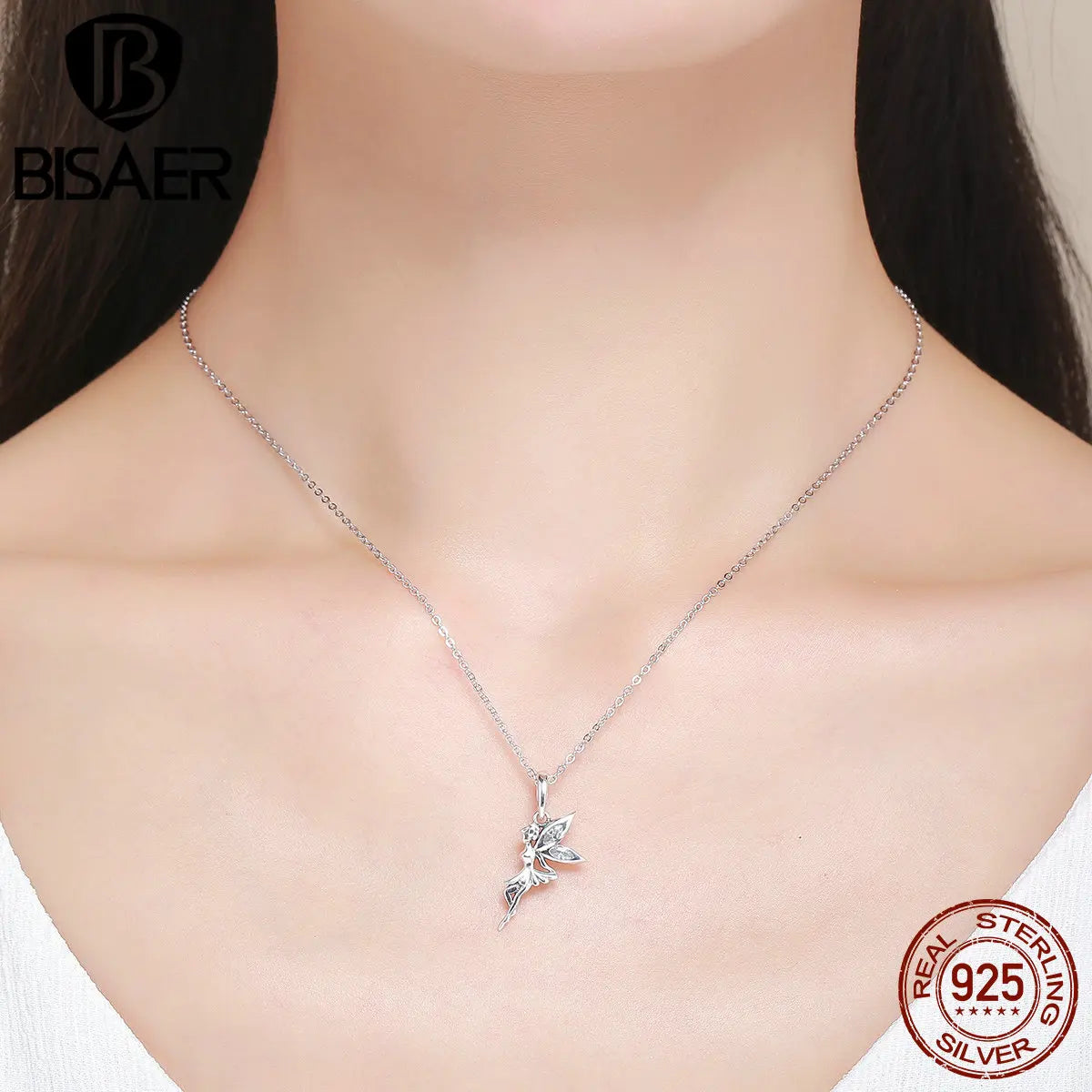 BISAER Authentic 100% 925 Sterling Silver Flower Fairy Clavicle Pendants Necklaces Adjustable Chain For Women Fine Jewelry
