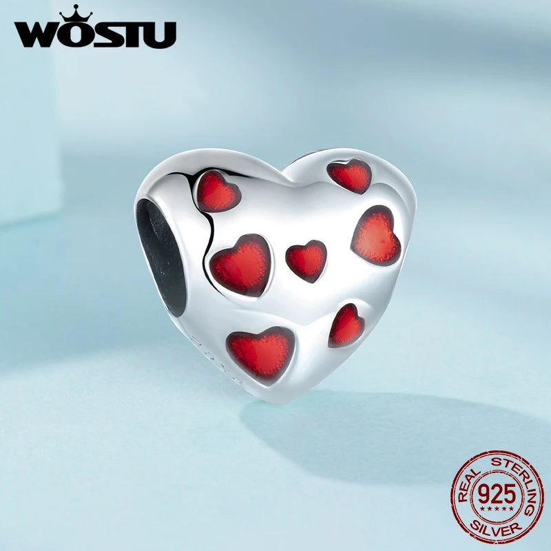 WOSTU Solid 925 Sterling Silver Enamel Red Heart Charms Clips Beads Fit Original Bracelet DIY Gift For Lover Daughter Mom