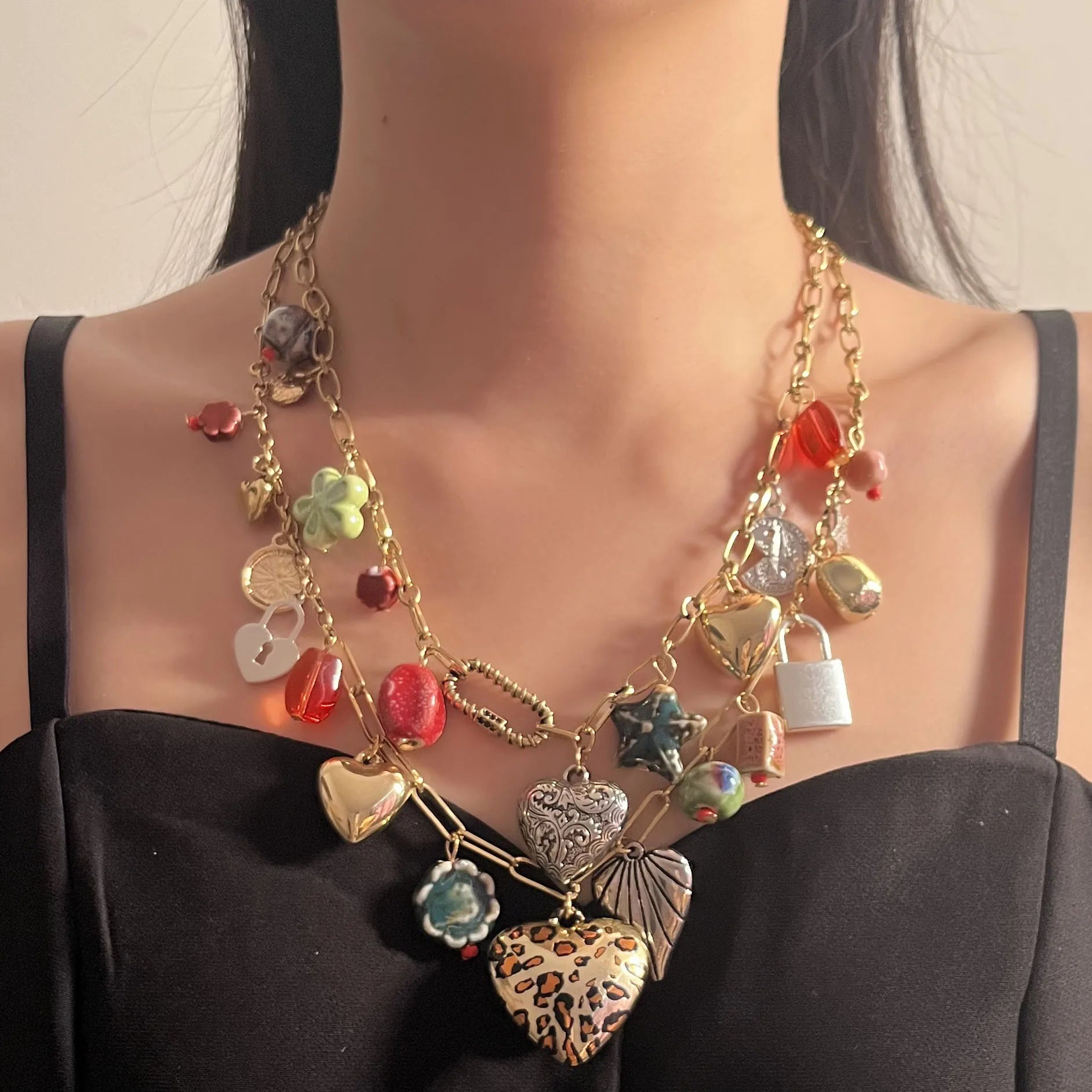 ZAA Vintage Double-layer Heart-shaped Lock Tassel Pendant Necklace Jewelry