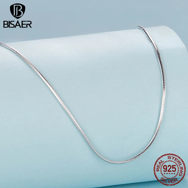 BISAER 100% 925 Sterling Silver Snake Basic Necklace Stacking Chain Plated White Gold for Women Party Fine Jewelry ECA032