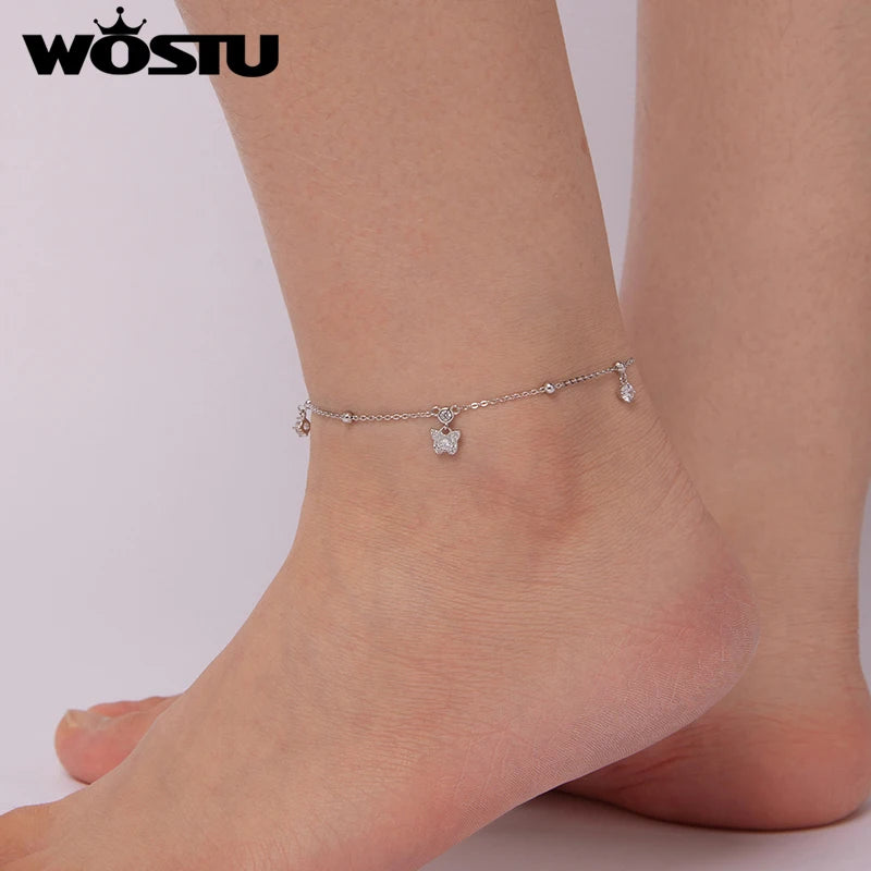 WOSTU 925 Sterling Silver Butterfly Tassels Anklet for Women Foot Links Boho Beach Summer Simple Foot Jewelry Anklet Bracelets