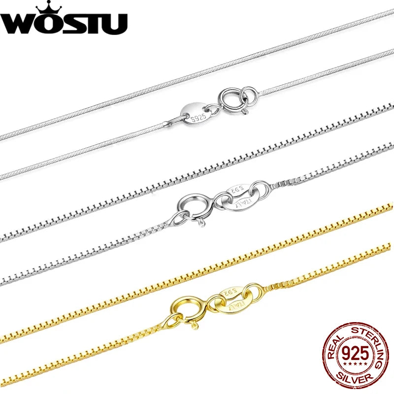 WOSTU 925 Sterling Silver Box Chain Necklace Snake Chain Original For Women Fit Pendant&Charm Making DIY Fine Jewelry Wholesale