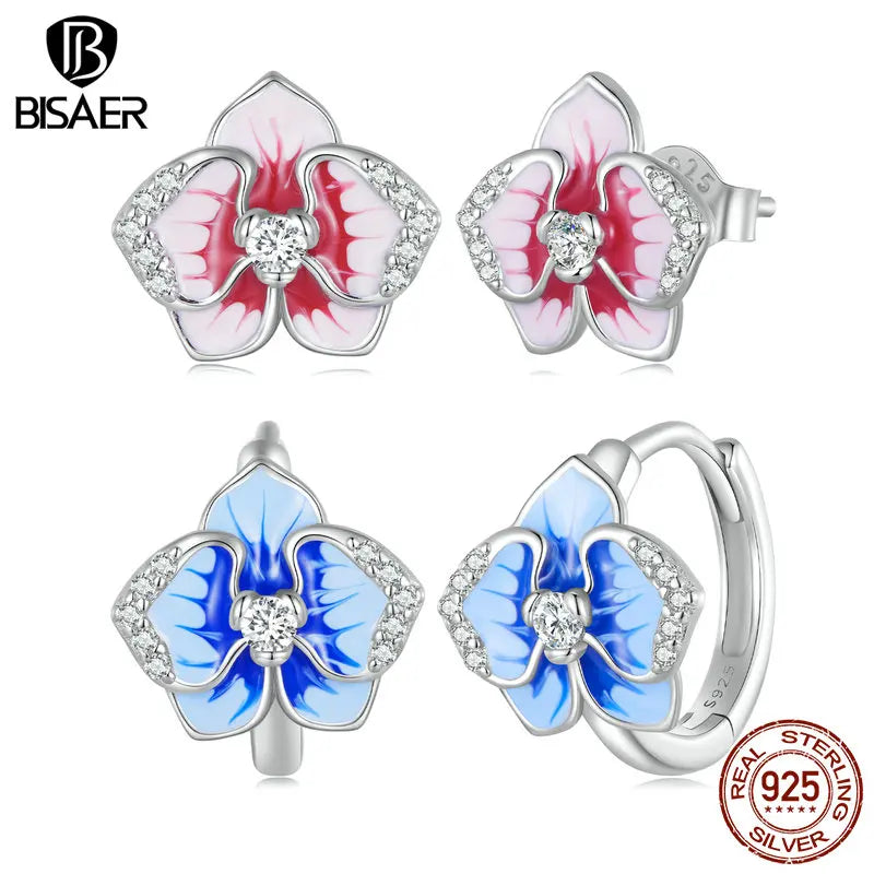 Boucles d'oreilles à tige en argent sterling 925 BISAER en forme d'orchidée papillon rose avec zircons scintillants pour femmes, bijoux fins originaux de luxe pour fête