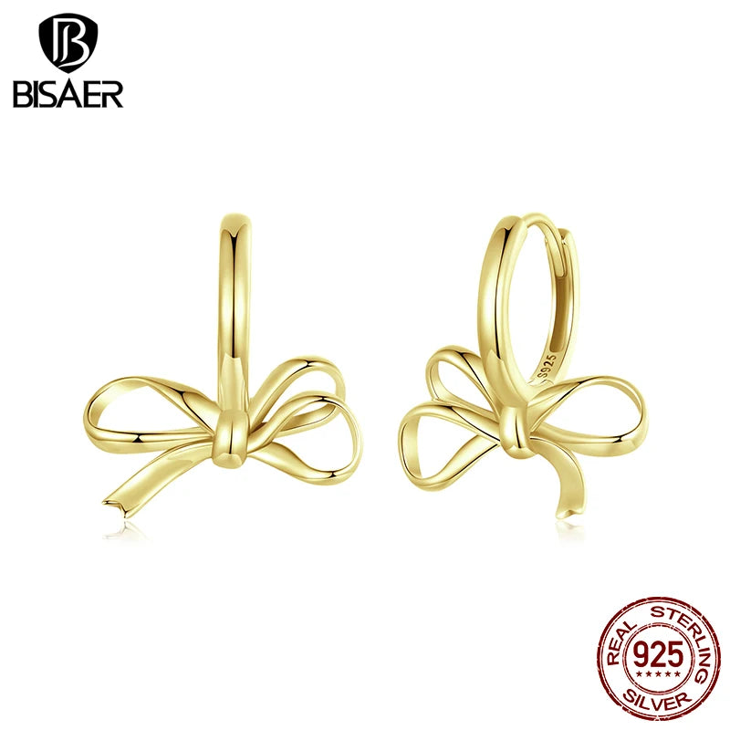 BISAER 925 Sterling Silver Simple Bow Ear Buckles Bowknot Classic Hypoallergenic Earrings Plated Gold for Women Fine Jewelry