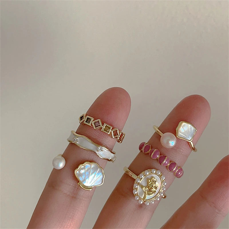 New Fashion Seashell Pearl Rings for Women Trendy French Style Rose Flower Shell Index Finger Ring Girl Party Aesthetics Jewelry
