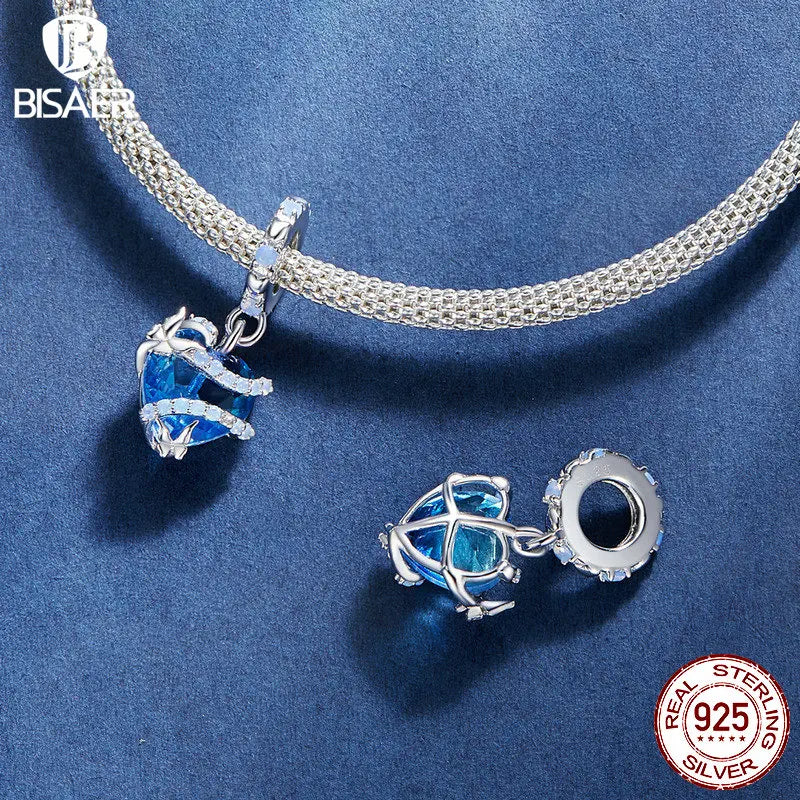 BISAER 100% 925 Argent Sterling Fleur Ancre Charm Perle Pendentif Coeur Bleu Pour Femmes Bracelet À Faire Soi-Même Bijoux Fins Cadeau