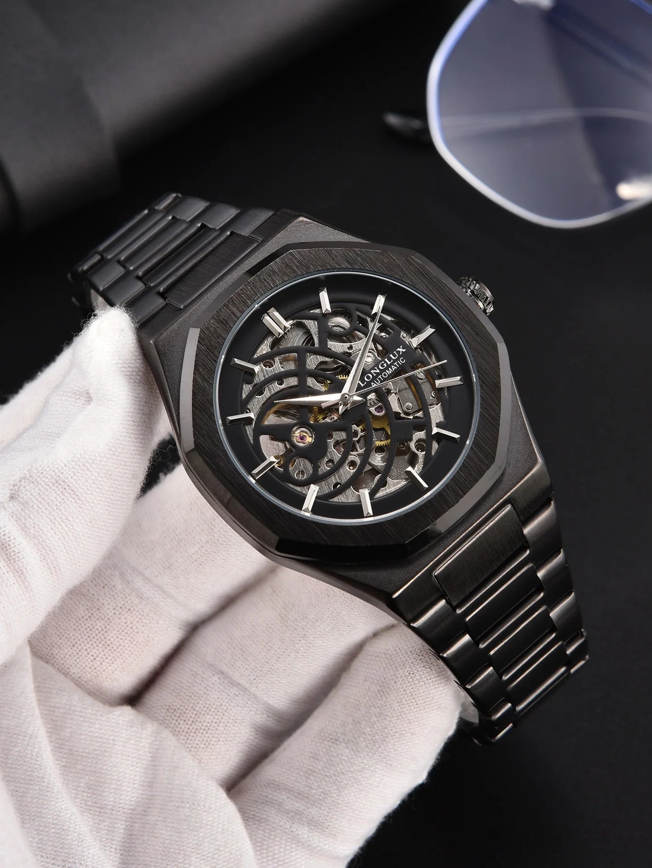 LONGLUX automatic watch business mechanical watches simple skeleton waterproof stainless steel cost effective mens watch gift