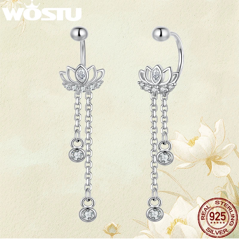 WOSTU Drop Lotus Earrings For Women , 925 Sterling Silver Original Shiny CZ Chain Link Long Flower Stud Earring Wedding Gift