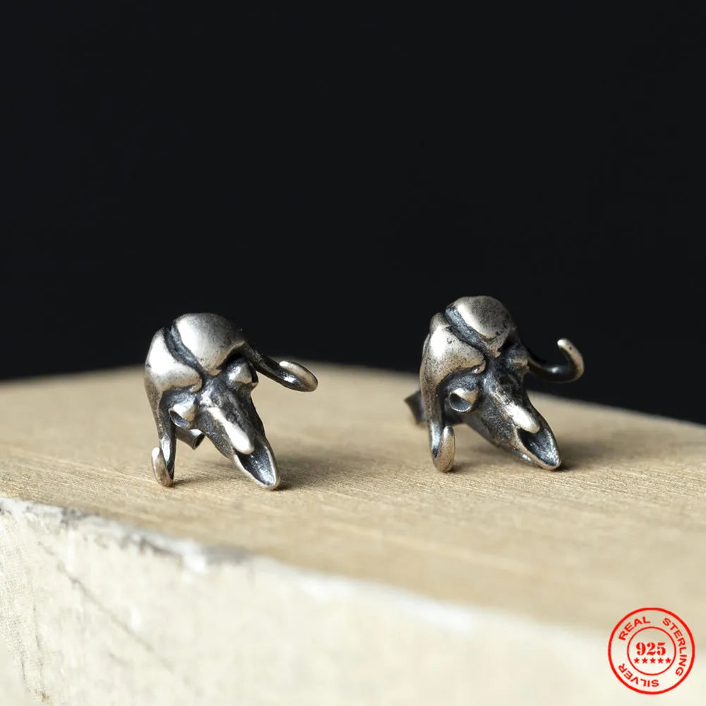 MKENDN 925 Sterling Silver Creative Retro Cow Skull Stud Earring Trendy Street Gothic Punk Style For Men Women Fine Jewelry