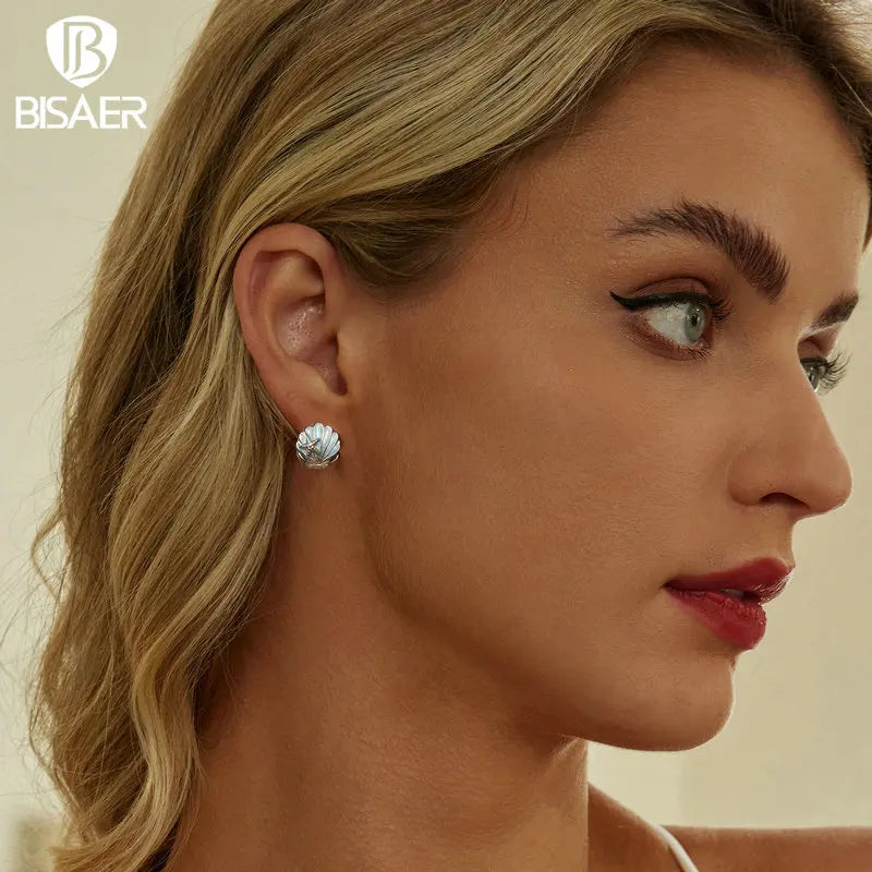 BISAER Boucles d'oreilles créoles en argent sterling 925 en forme de tortue coquillage bleu Boucles d'oreilles à tige en forme d'étoile de mer pour femmes Fête sur la plage Bijoux fins Cadeau