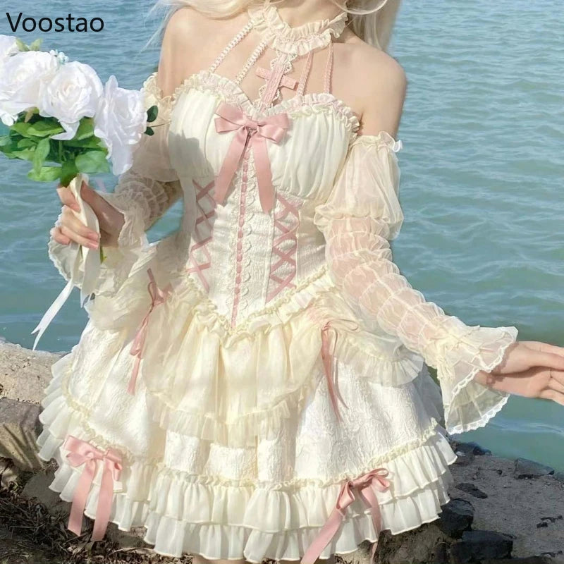 Gothic Lolita Princess Dress Women Sweet Bowknot Cross Lace Ruffles Evening Party Dresses Japanese Harajuku Y2k Bandage Vestidos