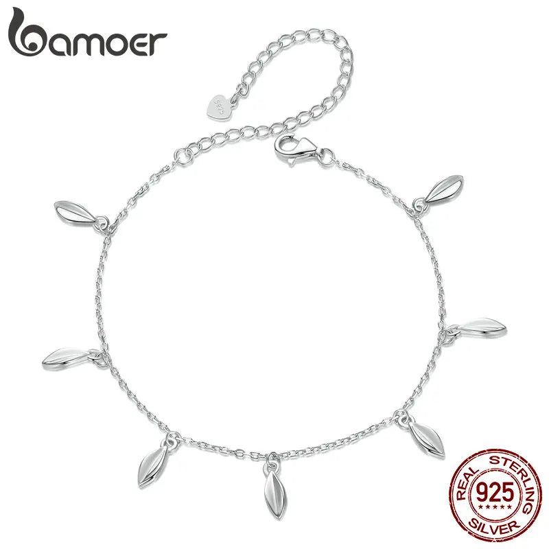 BAMOER 925 Sterling Silver Dainty Leaf Tassels Bracelets for Women, White Gold Plated Minimalist Handmade Jewelry Gift BSB195